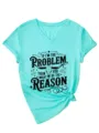 Γυναικείο τιρκουάζ T-shirt με V λαιμόκοψη κοντό μανίκι, αστείο τύπωμα και κόμπο. - S / Tops / Βαθύ Μπλε του Νερού