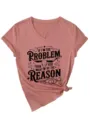 Women's V-neck short sleeve graphic tee with front text print and tied knot hem detail. - S / Tops / Rose Gold (Black Print)