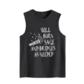 Nahaufnahme des dunkelgrauen Damen Tanktops mit weißem Salbei-Grafikdruck und Text. - S / Oberteile / Dunkelgrau
