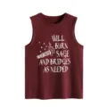 Nahaufnahme Detail des burgunderroten ärmellosen Tanktops mit witzigem Salbei Grafikprint. - S / Oberteile / Burgunderrot