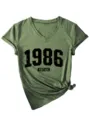 Donna vintage 1986 grafica colletto v maniche corte t-shirt casual top verde chic - Taglia S / Top / Verde oliva