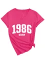 Maglietta da donna rosa con scollo a V e maniche corte con stampa vintage 1986 e nodo. - Taglia S / Top / Rosso