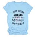Casual women's short sleeve round neck t-shirt with stylish front letter print detail. - S / Tops / Light Blue (Black Text)