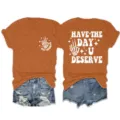 Damen vintage grafik kurzarm t-shirt casual rundhalsausschnitt skelett hand slogan top - S / Oberteile / Gebranntes Orange (Weißer Druck)