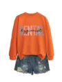Damen Freizeit orange Rundhals Langarm Sweatshirt kombiniert mit Jeansshorts mit Dental Text. - S / Oberteile / Orange