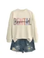Lockerer Rundhalsausschnitt Pullover mit Dental-Hygieniker-Print und Jeansshorts. - S / Oberteile / Sandfarben