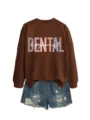 Damen brauner langarm rundhals sweatshirt mit dental hygienist druck freizeit oberteil - S / Oberteile / Kaffeebraun