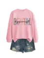 Damen lässiges rosa Rundhals Langarm Sweatshirt mit Dental Hygienist Print und kurze Shorts. - S / Oberteile / Rosa