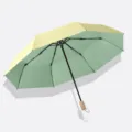 3-faltbarer manueller 8-Rippen Schwarzleim Sonnenschutz-Regenschirm in Tamago-Gelb. - 3-fach faltbarer manueller Regenschirm mit 8 Streben, Holzgriff und Farbbeschichtung in Eigelbgelb