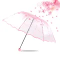 Clear folding umbrella with pink cherry blossom print, waterproof transparent canopy for women - Pink