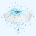 Transparent cherry blossom folding umbrella for women, cute floral and butterfly pattern. - Blue