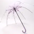 Transparent cherry blossom long handle umbrella with purple J-handle and clear floral canopy. - 53.5 / Purple