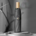Paraguas plegable compacto con mango de madera gris oscuro para protección solar y lluvia. - Paraguas manual de 3 pliegues y 8 varillas con mango de madera - Negro con revestimiento negro