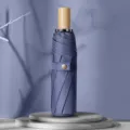 Paraguas azul plegable con mango de madera, parasol portátil de 3 pliegues para uso diario. - Paraguas manual de 3 pliegues y 8 varillas con mango de madera - Azul bruma con revestimiento negro
