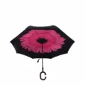 Ombrello rovesciato con manico a C e motivo di crisantemo rosa, design pieghevole antivento. - Crisantemo Rosa