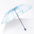 Clear transparent folding umbrella with blue floral print and black ribs for rainy days. - 53.5cm x 8K / Romantic Cherry Blossom Blue