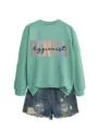 Dentalhygienikerin Langarm Sweatshirt mit destroy Denim Shorts Freizeit Outfit Damen - S / Oberteile / Hellgrün (Schwarze Grafik)