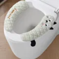 Plush thick toilet seat cover with handle cute cat design soft warm velcro 1 pair pack - Thick Velcro Toilet Seat Covers (1 Pair) - Light Green Cat