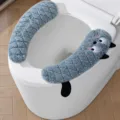 Plush toilet seat cover thickened warm winter soft washable toilet lid pad with handle 1 pair - Thick Velcro Toilet Seat Covers (1 Pair) - Blue Cat