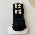 Black knit leg warmers for women Japanese JK cute bow warm thick winter socks apparel. - One Size / Black