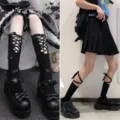 Black mid-calf lace-up socks for women, cross hollow out design, stylish gothic and daily wear. - One Size / Calf High Black + Crew Black