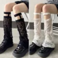 Estate sottile pizzo cavo gambali donne bianco nero gotico lolita calzini lunghi - Taglia unica / Calze a rete con reggicalze nero e bianco