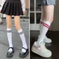 Women Double Stripe Knee High Socks Black White Red Variant Fashion Casual Student Calf Hosiery - One Size / White + White and Red