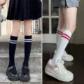 Women double stripe knee high socks cute school style cotton calf socks spring fashion - One Size / Black Red and White