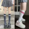 Knee high socks women stripe cotton long stockings grey white school style cute daily - One Size / Gray + White & Red