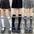 Women double stripe knee high socks variant pack, cute pleated skirt match, casual calf socks. - One Size / White And Black And Grey