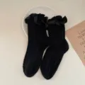 Sweet black frilly socks for women, cute Lolita lace trim mid-calf cotton socks variant. - One Size / Black