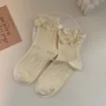 Sweet Japanese Lolita ruffles knit socks cute cotton mid-calf socks with bows cream color - One Size / Beige