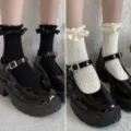 Sweet Japanese style ruffle lace heart mid-calf socks variant in black and white colors. - One Size / Black And Beige