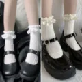 Sweet Japanese Lolita style white lace ruffle heart pattern mid-tube socks cute JK socks pair - One Size / White And Beige