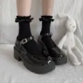 Sweet Japanese style black ruffle socks with platform Mary Jane shoes, cute Lolita fashion outfit. - One Size / Black 2 Pairs
