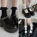 Sweet Japanese frill heart short socks Lolita cute mid-tube socks versatile cotton JK socks - One Size / 1 Pair Each of Black, White, and Beige