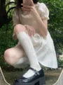 French vintage floral embroidered lace calf socks in creamy white, sweet style aesthetic. - One Size / White