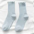 Light blue ruff-edge mid-tube women socks, sweet style ribbed cute socks variant. - One Size / Blue