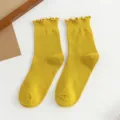 Yellow ruffle cuff mid-tube socks, ribbed knit casual daily hosiery for women, cute college style. - One Size / Yellow