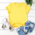 Camiseta amarilla lisa de manga corta cuello redondo casual top básico cómodo ropa - S / Amarillo