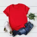 Camiseta roja lisa de manga corta cuello redondo basica casual prenda superior detalle. - S / Rojo