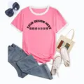 Pink ringer t-shirt for women, short sleeve color block casual top, loose fit basic tee. - S / Tops / Rose Pink (Front Center)