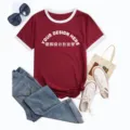 Women contrast ringer short sleeve t-shirt casual basic crewneck top tee with custom graphic design. - S / Tops / Wine Red (Front Center)