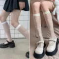 Sheer white mid-tube socks for women featuring elegant rose patterns for summer. - White And Beige / 2 Pairs/Pack / Multicolor