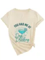 Casual dames V-hals korte mouw t-shirt met leuke cocktail print en stijlvolle knoop. - S / Tops / Zandkleur