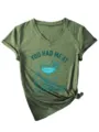 Groen dames t-shirt met v-hals, korte mouwen, cocktailprint en modieuze knoop aan de zijde. - S / Tops / Olijfgroen(3812)