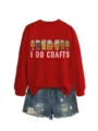 Women red long sleeve sweatshirt paired with distressed denim shorts featuring beer glasses print. - S / Tops / Bright Red (White Graphic)