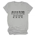 Close-up detail of grey short sleeve tee featuring fun crochet theme print and text graphics. - S / Tops / Light Gray