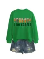 Green crewneck sweatshirt with beer graphic and crafts text paired with denim shorts set. - S / Tops / Grass Green (Black Graphic)