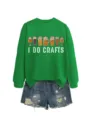 Women's green graphic sweatshirt with funny beer glasses and denim shorts set for autumn. - S / Tops / Grass Green (White Graphic)